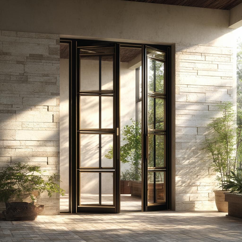 A black metal grill door design for home with glass inserts and a sturdy frame structure.