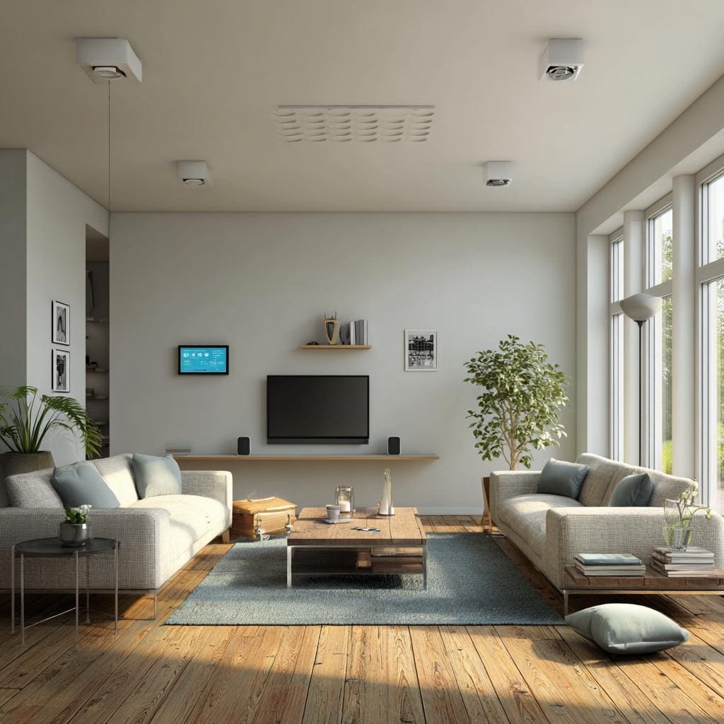 A bright, minimalist living room that defines what is smart home interior design today.