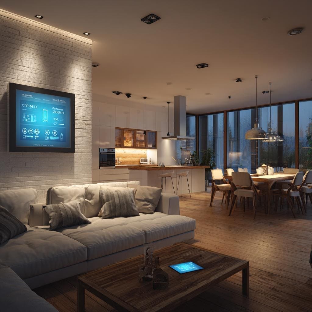 A luxury living room featuring smart home solutions with a sleek wall-mounted control hub.