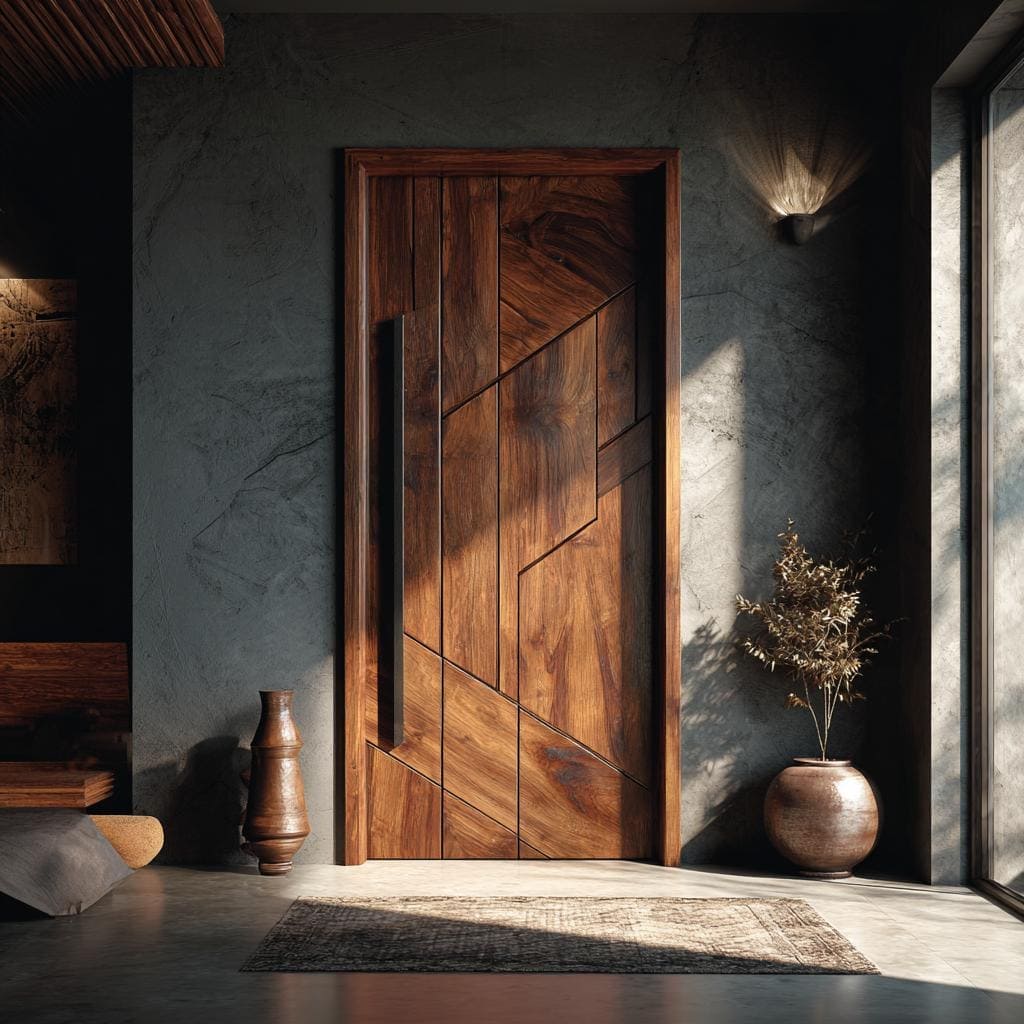 A heavy solid wooden main door design for home featuring a rustic geometric wood panel pattern.
