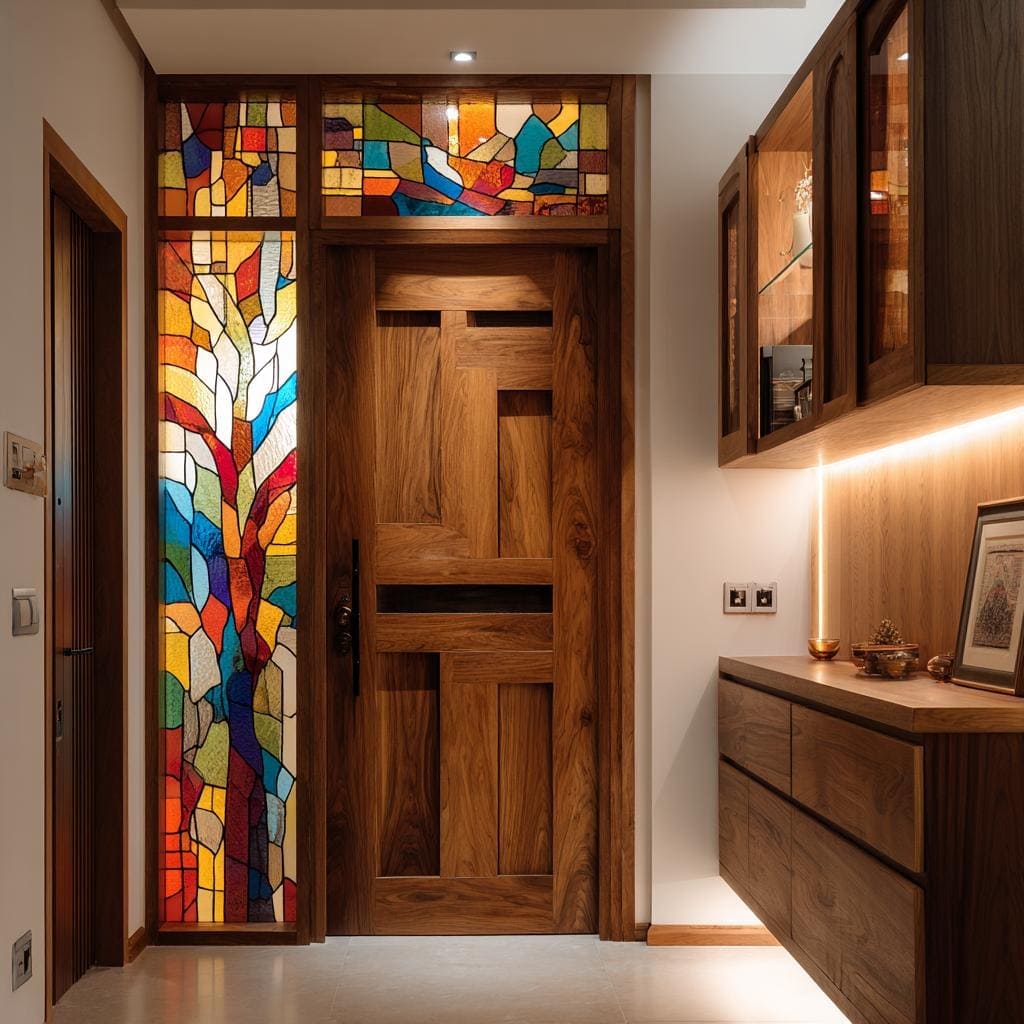 A creative home door design featuring warm wood panels and colorful stained glass accents.