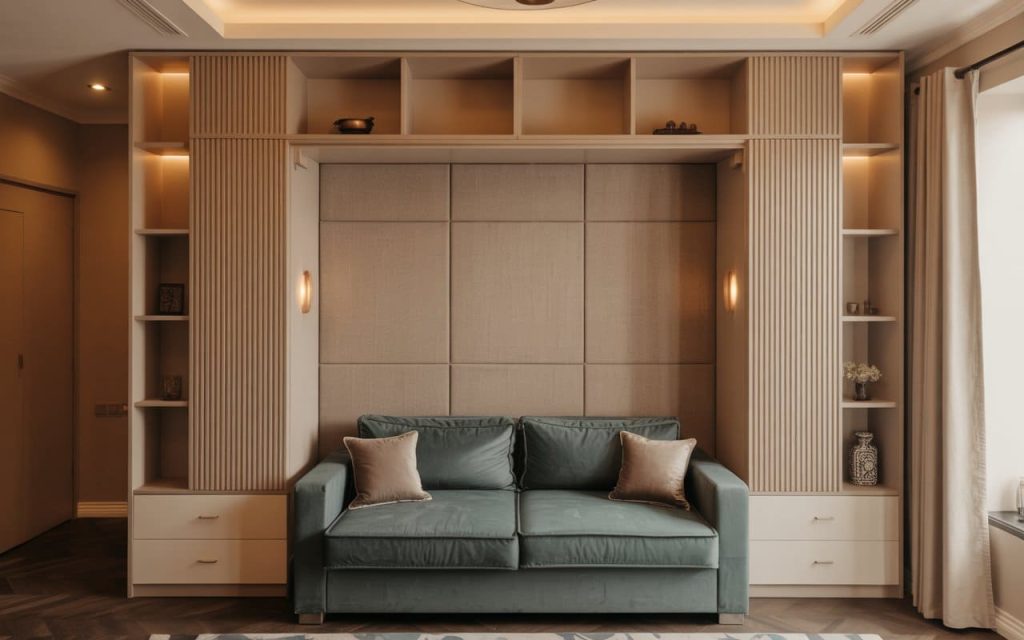  Premium comfold space saving furniture & interiors featuring a teal sofa with wall storage.