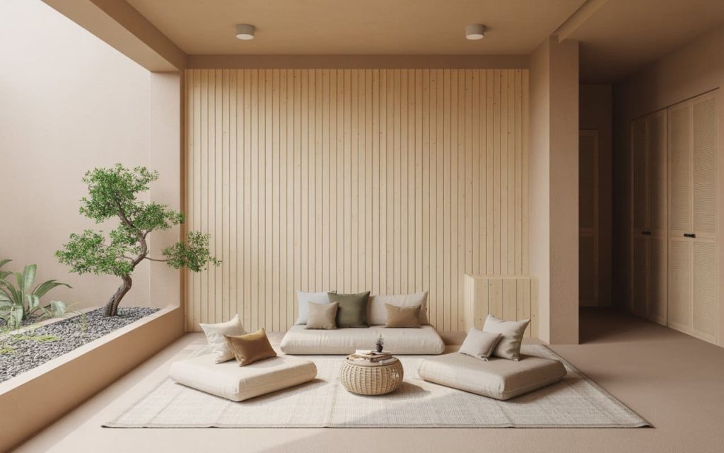 Light birch wpc wall panel board in a minimalist meditation room with floor seating.
