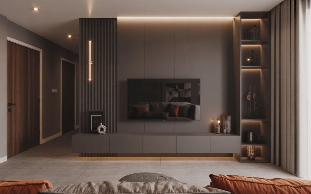 Charcoal grey 3d wpc wall panel creates a sophisticated matte backdrop for a modern TV unit.