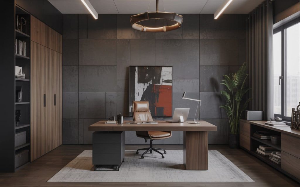  Large format charcoal grey wpc 3d wall panel creates an industrial chic home office.