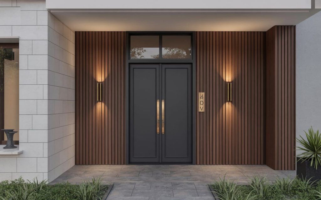 Vertical dark fluted wall panel wpc framing a modern black double door entrance facade.