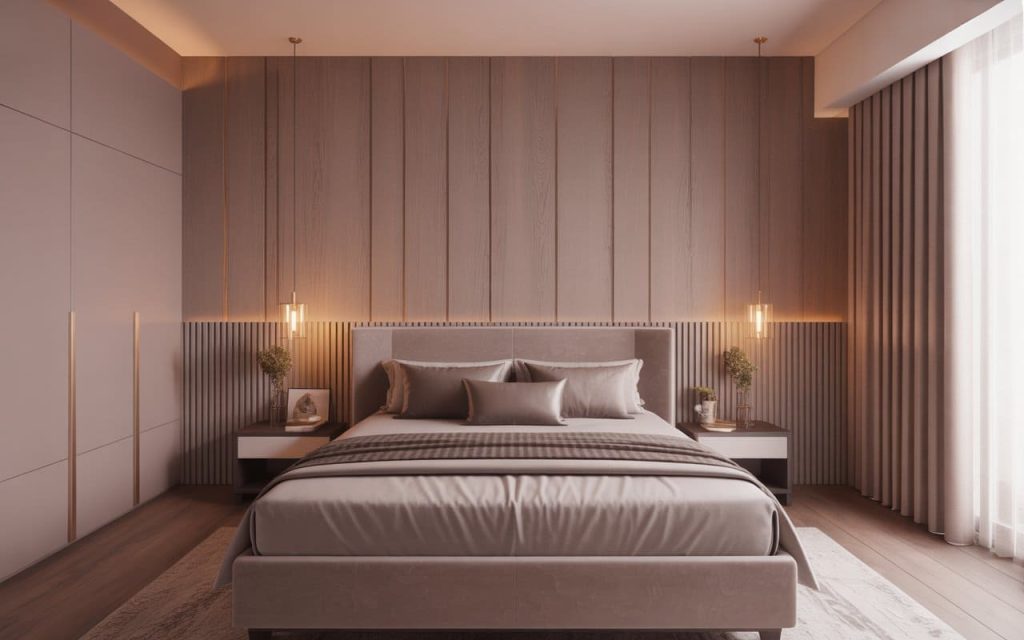 Neutral toned wpc panels for walls used as a floor-to-ceiling headboard accent in a bedroom.