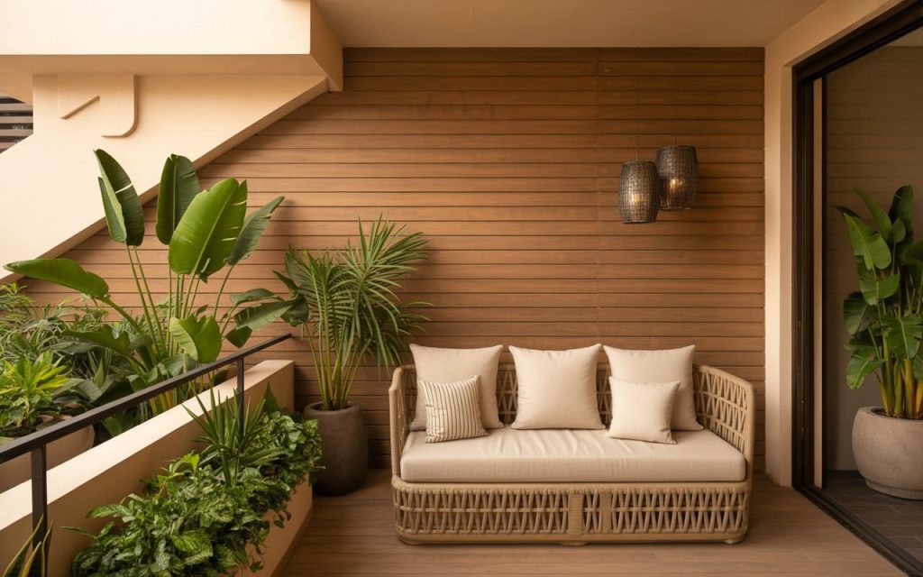 Horizontal wood-effect wpc interior wall panel used for weather-resistant balcony cladding.