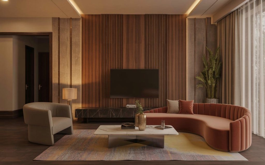 Vertical walnut fluted wpc interior wall panel used for a luxury living room TV feature.