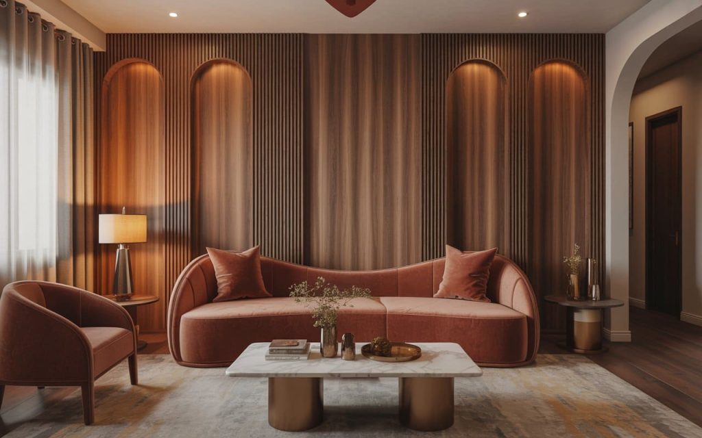 Vertical fluted wpc wall panels designs with arched niches and warm ambient lighting.