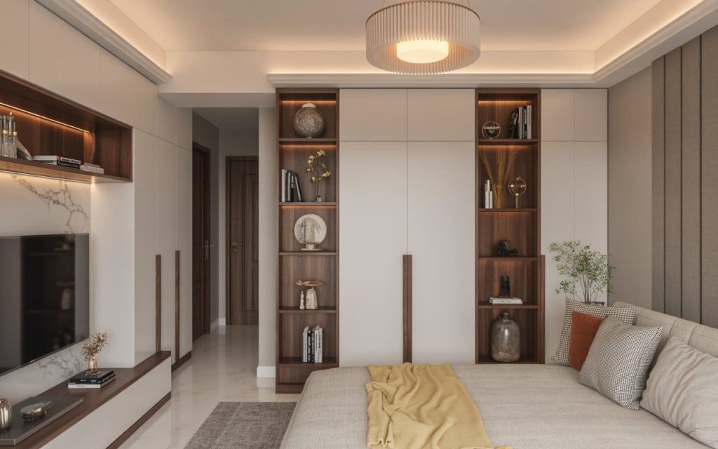 An elegant home interior design featuring floor-to-ceiling wardrobes and a marble TV unit.