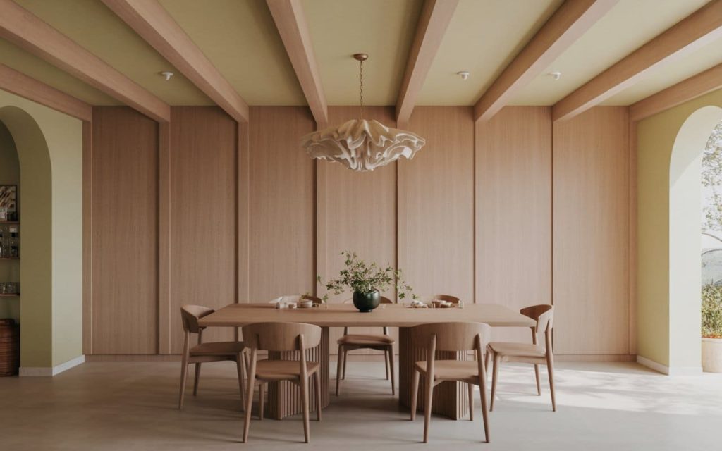Light wood grain wpc 3d wall panel used for decorative ceiling rafters in a dining area.