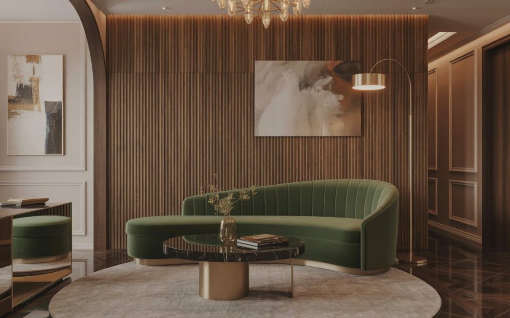 Vertical wood grain wpc wall panel behind a green velvet sofa with gold accents.