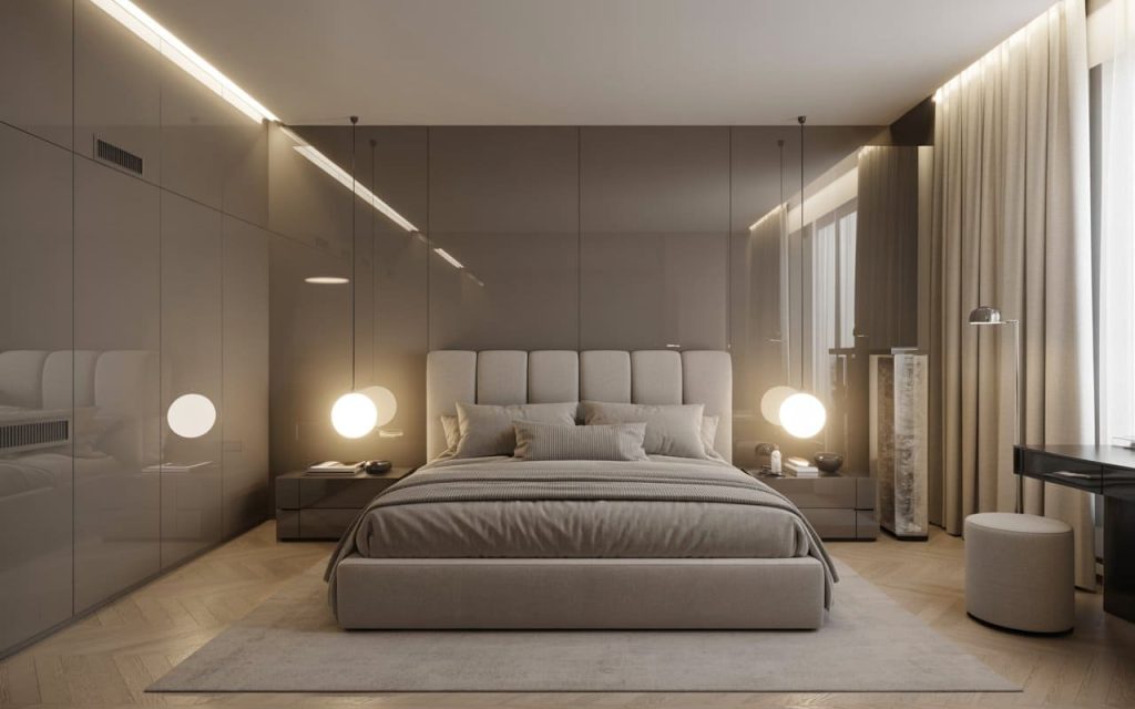 Reflective taupe master bedroom sunmica colour combinations for wardrobe with paneling.
