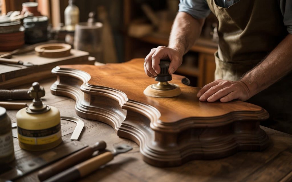 A skilled professional demonstrating how to apply wood polish at home for a smooth finish.