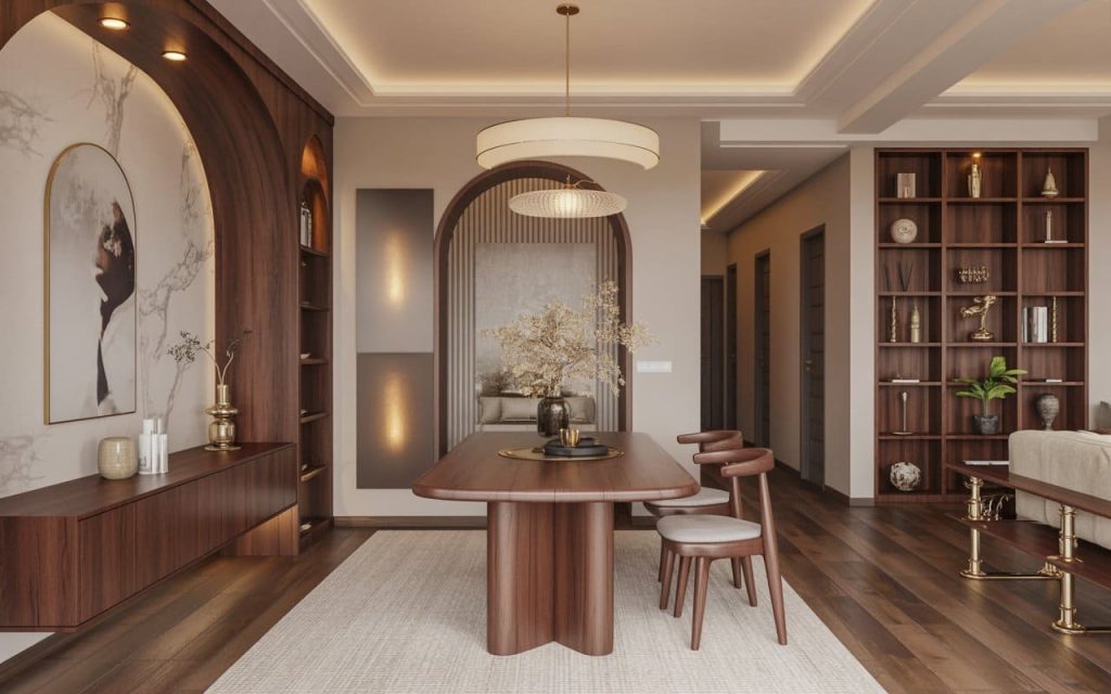 A contemporary Indian dining space featuring a wood shine polish on the table and cabinetry.