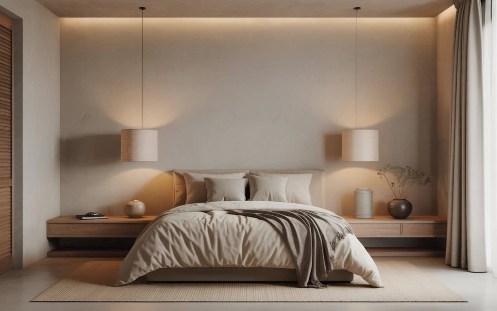 Earthy beige tones creating the best colour combination for master bedroom relaxation.