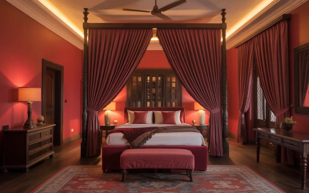 Vibrant red walls and traditional wooden furniture for a master bedroom colour design.