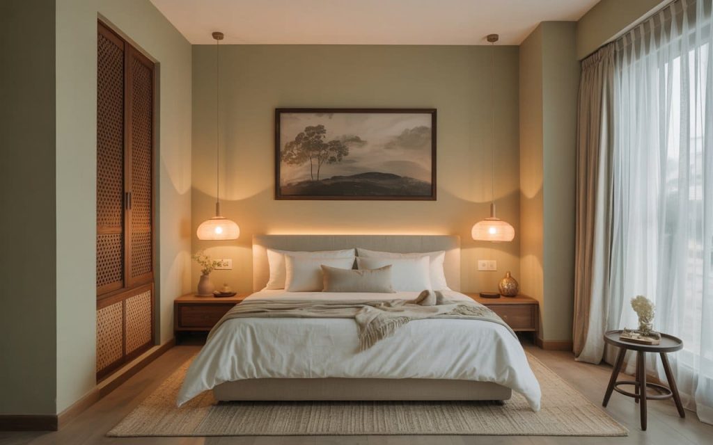 Peaceful sage green and beige palette as the colour of master bedroom according to vastu.