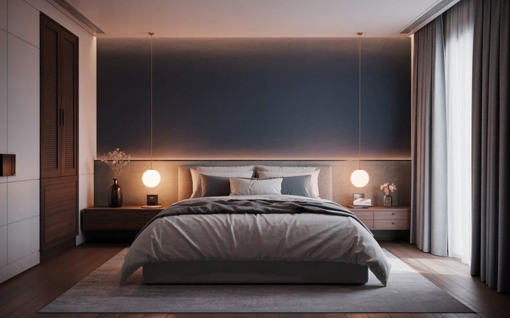  Charcoal grey and beige master bedroom bedroom wall colour combination with pendant lights.