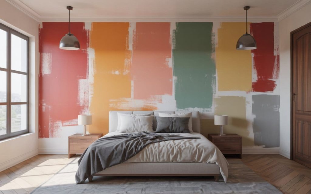 Large paint samples on a wall showing various colourful master bedroom ideas and tones.