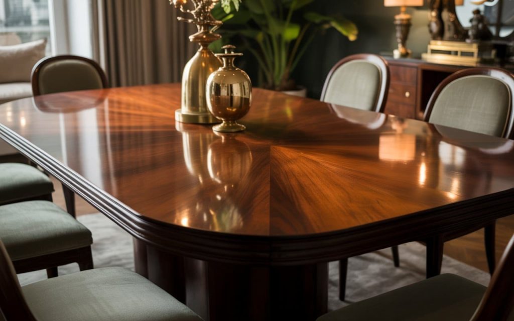 A high-gloss wood polish for dining table surfaces reflecting warm interior lighting.