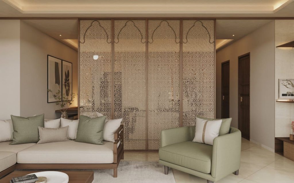 A decorative cane and wooden foldable partition for living room in a warm seating area.