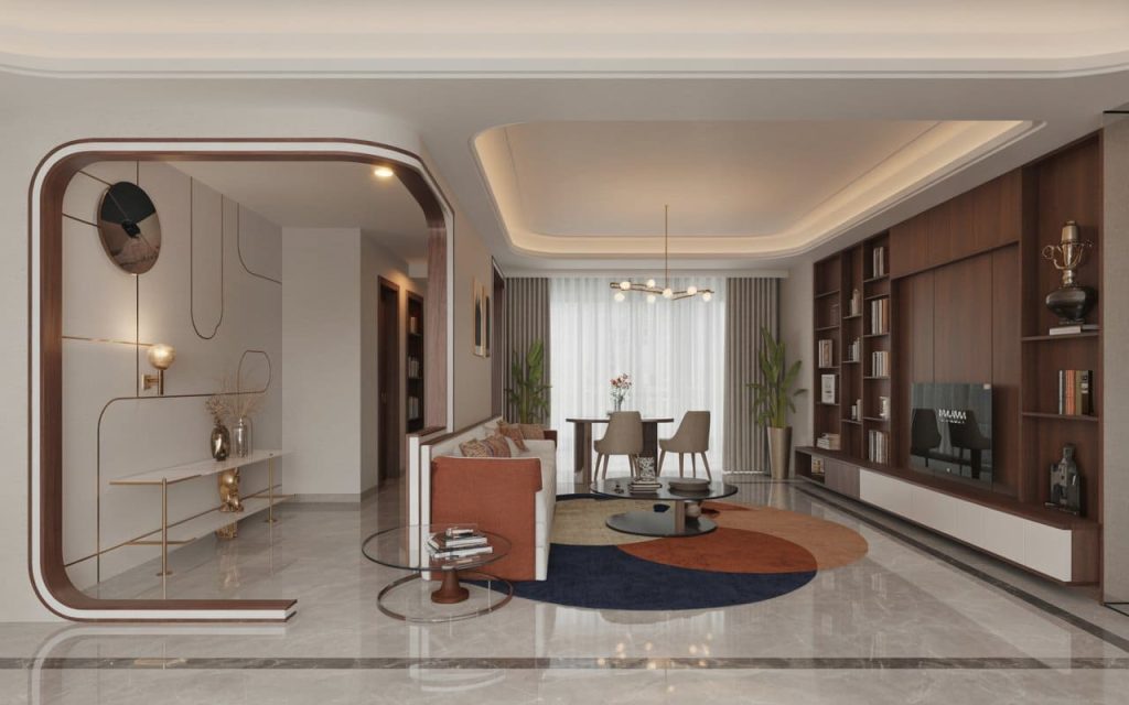A curved modern partition design for living room and dining hall with wooden accents.