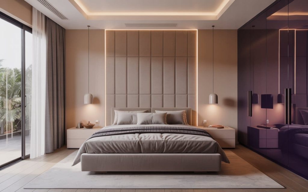 Glossy purple cabinetry paired with neutral master bedroom wardrobe colours for a chic look.