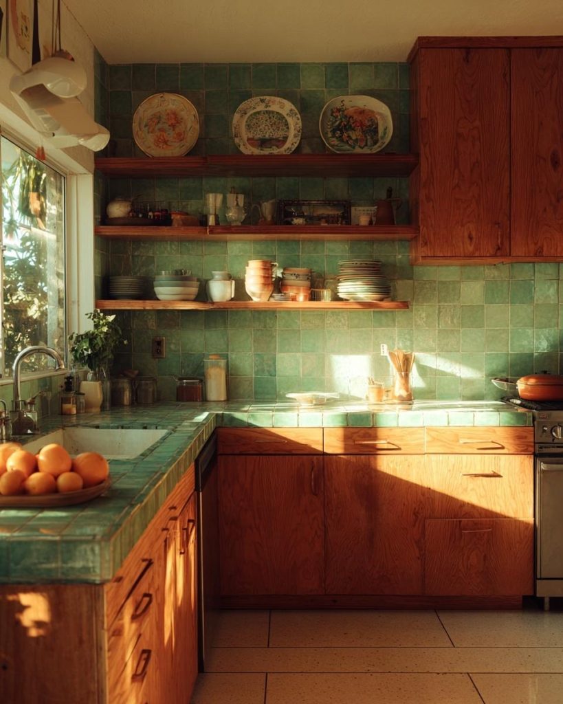 Rustic wood finish plywood kitchen cabinets paired with green tiled backsplash and shelves.