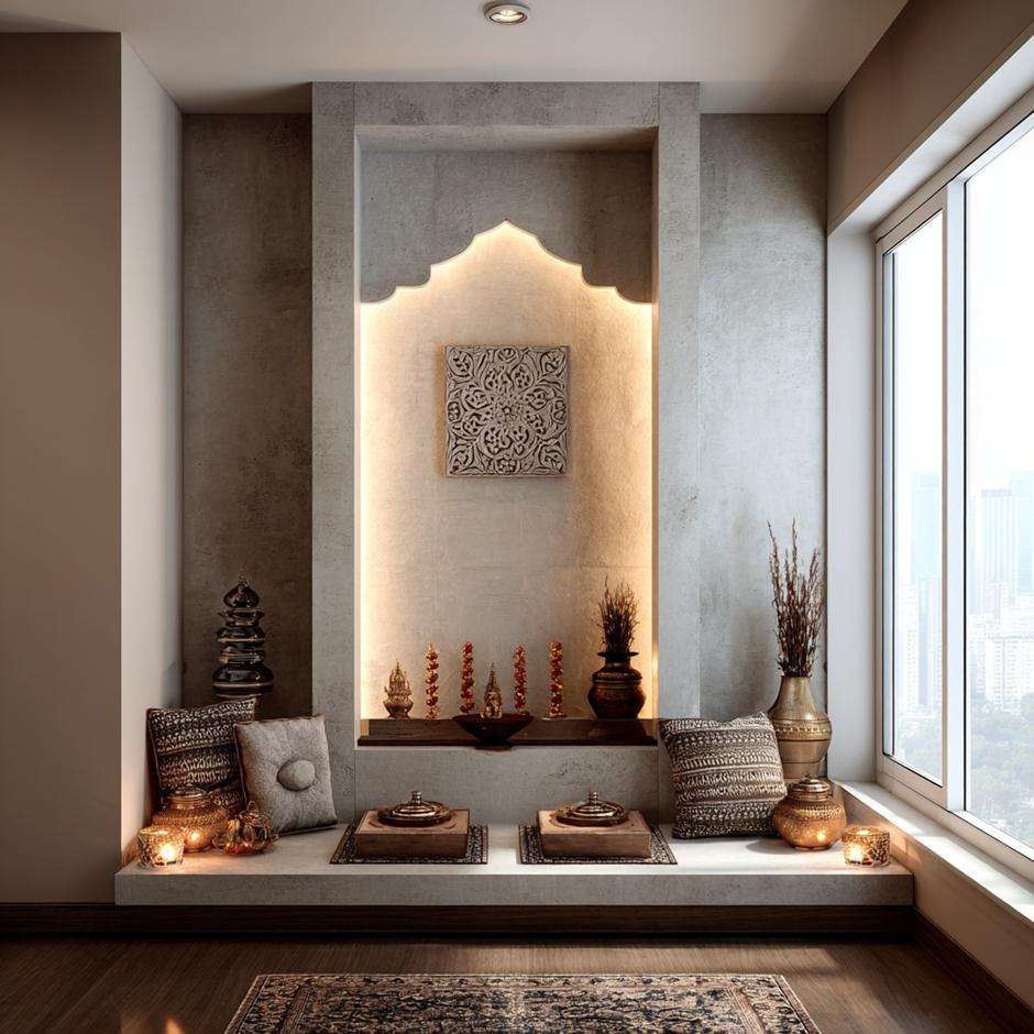 Modern stone niche home temple with a backlit arched wall and traditional brass decor.