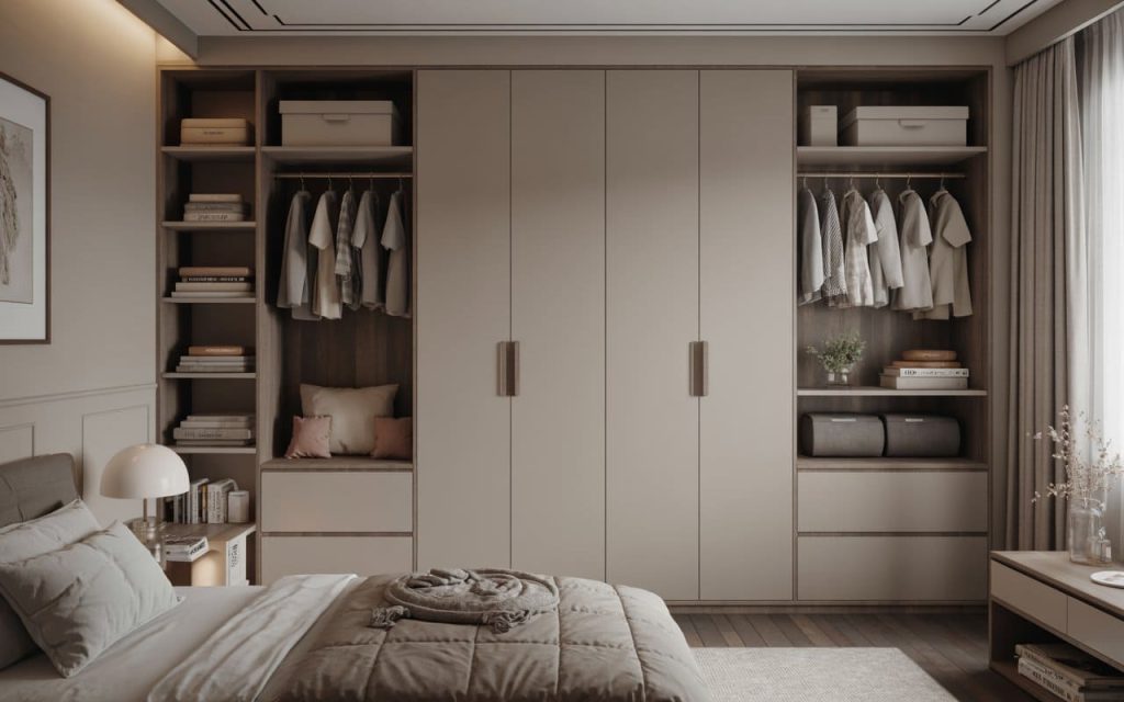 The best kids wardrobe in a neutral beige room with open shelves and long handles.