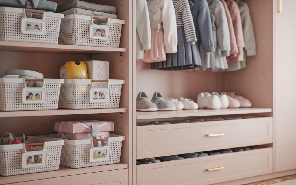 A modern kids wardrobe design with pink shelves, labeled bins, and hanging clothes.