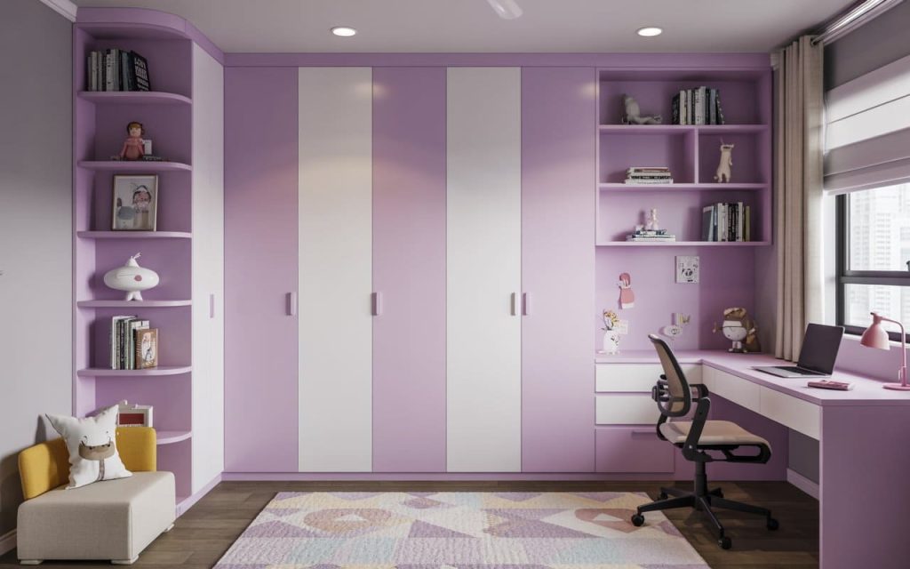 A purple kids bedroom wardrobe with a study desk, open shelves, and white panels.