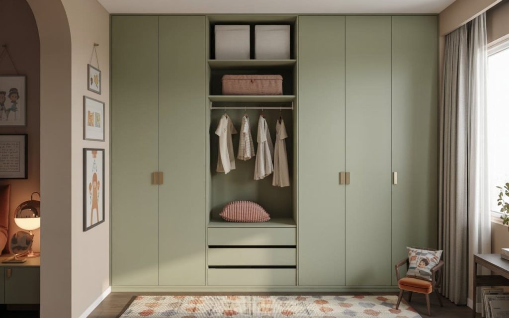 A sage green kids room wardrobe design with sleek built-in panels and gold handles.