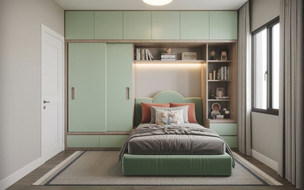 A sage green wardrobe with recessed kids wardrobe handles and sliding door panels.