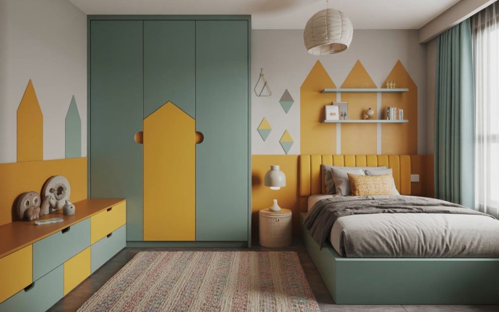 A teal and yellow boy kids wardrobe design with mountain-themed wall decor and bed.