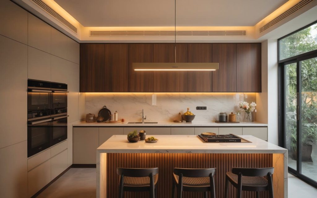 Elegant kitchen unit material in warm wood finish with modern island and ambient lighting