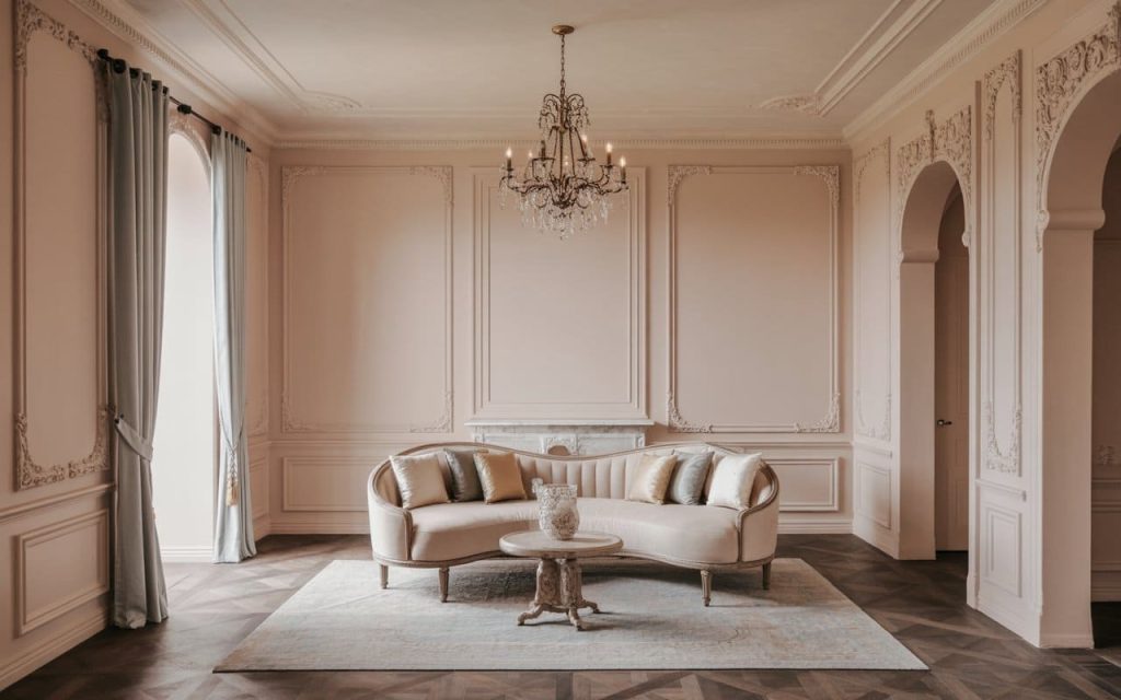 Soft pastel walls and a curved sofa illustrate modern interior design styles for homes.