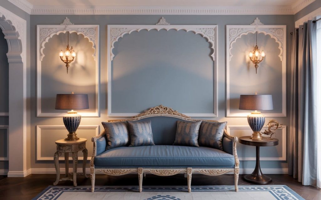 Traditional teal blue and grey living room with ornate Indian arch wall carvings and sofa.