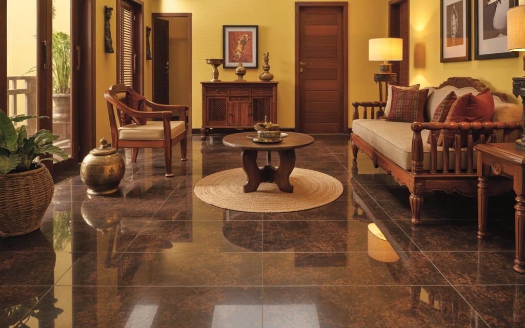 Classic flooring granite colours with rich brown finish in a warm traditional living room