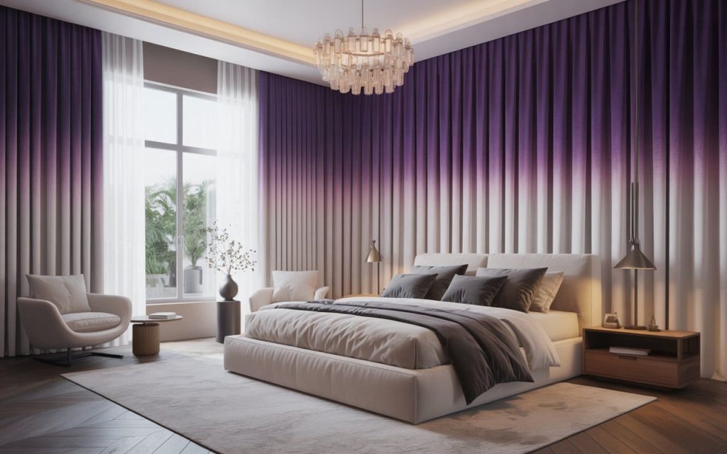Floor-to-ceiling purple window curtains for bedroom walls featuring a stylish ombre fade.
