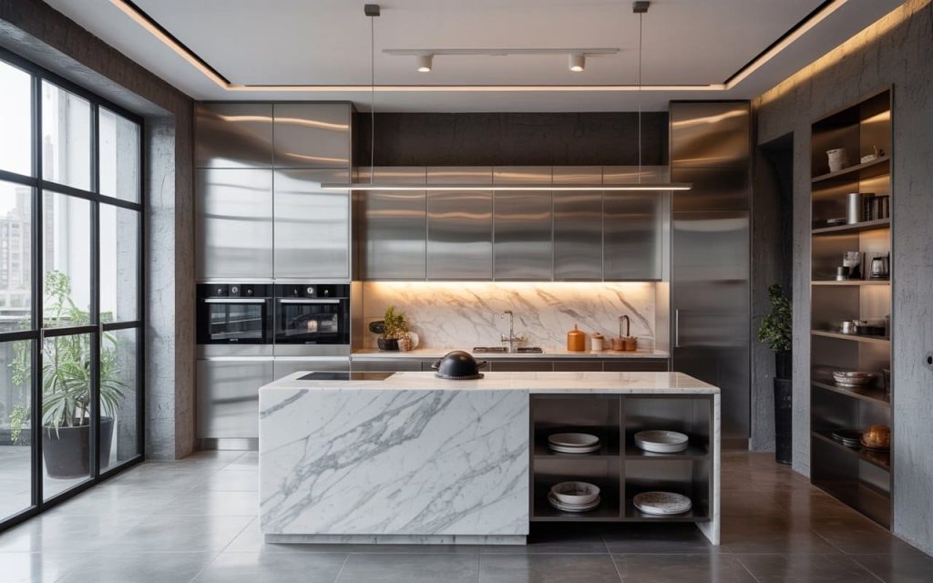 Latest material for kitchen cabinet with stainless steel finish and marble island design