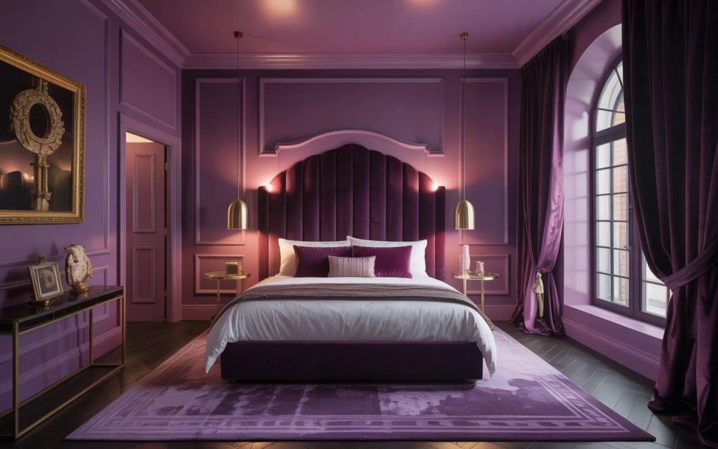 Deep velvet bedroom curtains for purple walls creating a monochromatic jewel-box effect.
