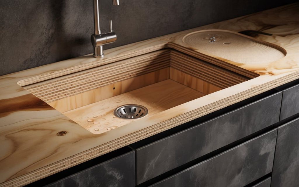 Layered waterproof material for kitchen cabinets used in a modern sink installation.