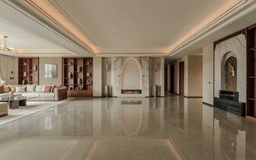 Spacious grey colour granite flooring with glossy finish in a modern luxury living room