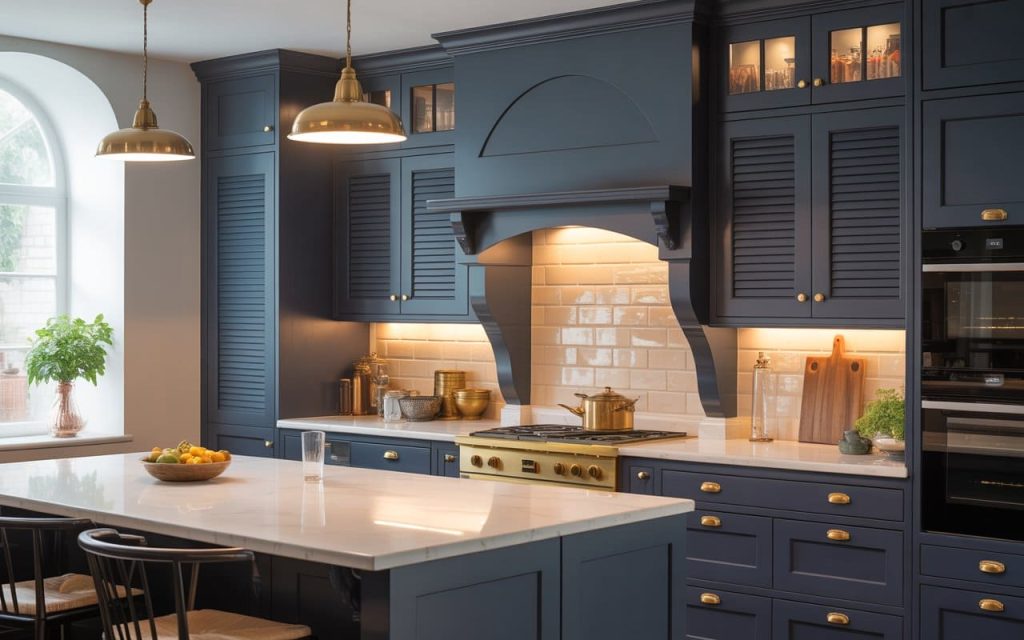 Stylish types of kitchen cabinets materials in navy finish with classic design and gold hardware