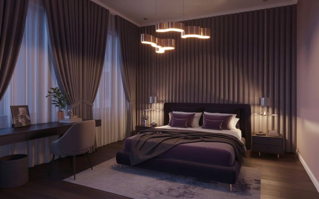 Heavy purple blackout curtains for bedroom windows to create a dark sleep environment.