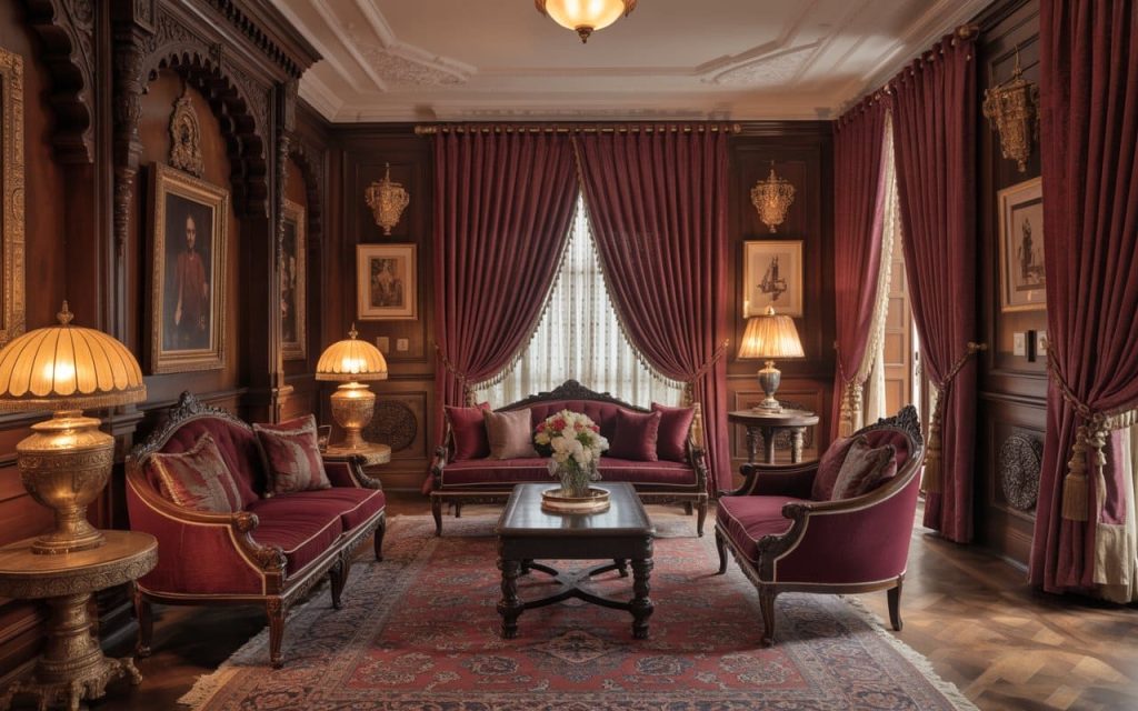 Dark wood panels and maroon velvet sofas define this victorian style interior design.