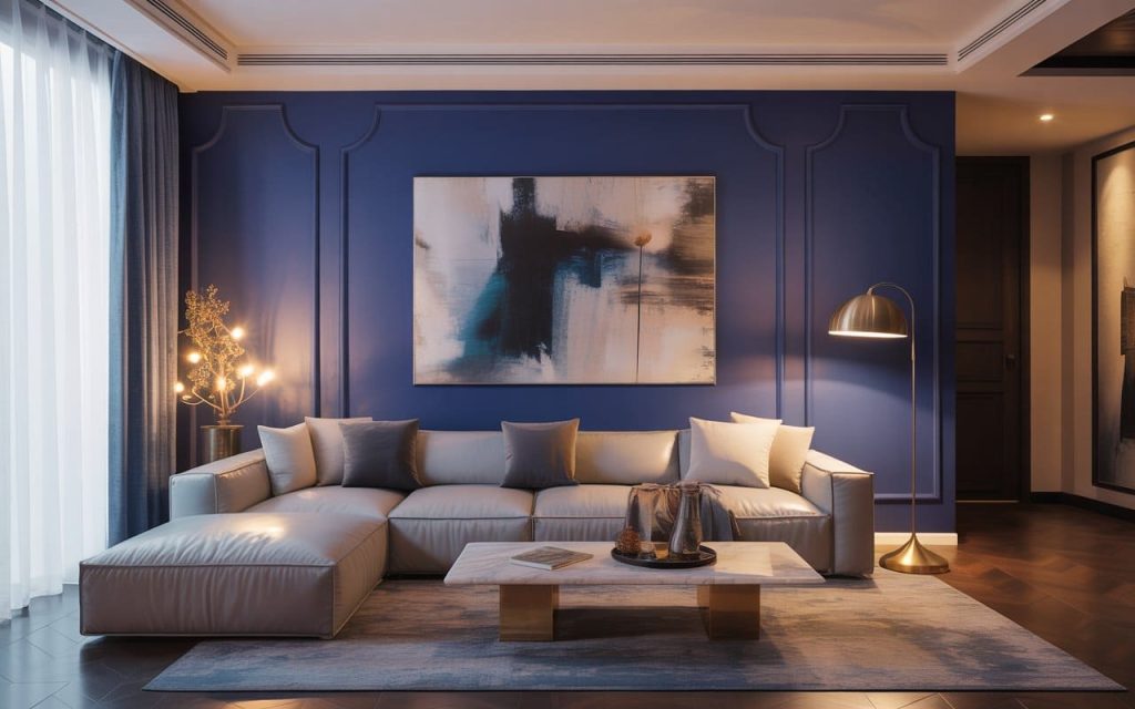 Luxurious dark blue and grey living room featuring ornate wall moulding and a beige sofa.